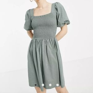 Vero Moda cotton shirred puff sleeve mini dress in "khaki" (more sage green), XS
